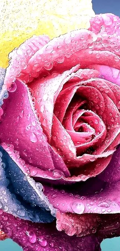 Vibrant multicolored rose with dewdrops.