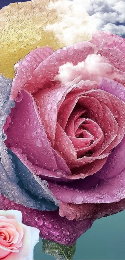 Multicolored rose with dewdrops and clouds wallpaper.