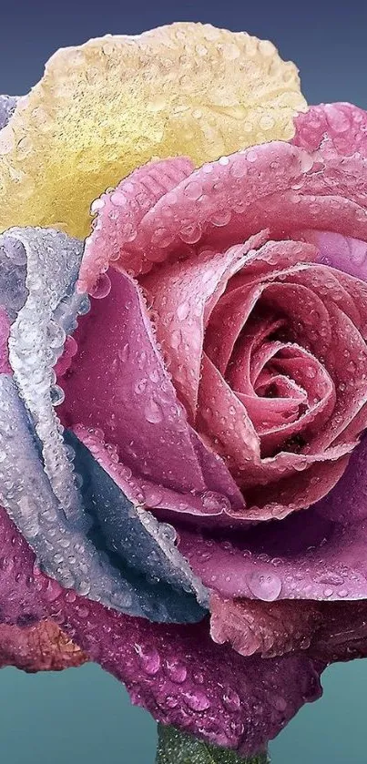 Close-up of a colorful rose with dew and gradient background.