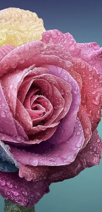 Close-up of a vibrant, dewy multicolored rose on a mobile wallpaper.