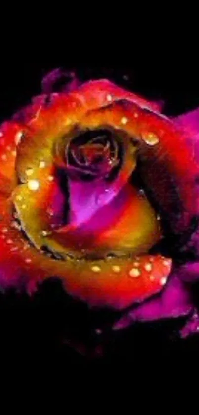 Vibrant multicolored rose with dewy petals against a black background.