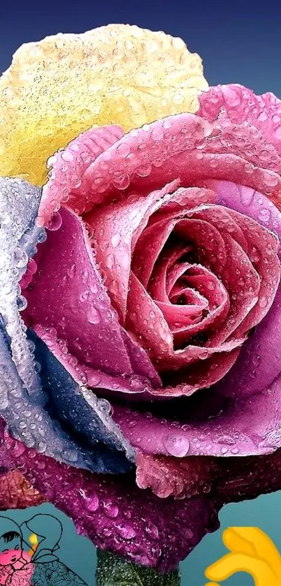 Colorful rose with dew drops on petals.