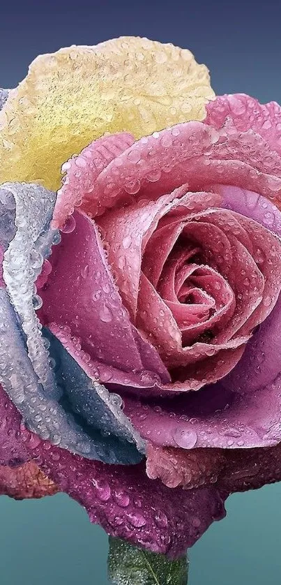 Colorful rose with dewdrops and rainbow petals.