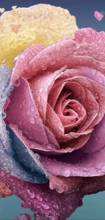 Dewy colorful rose with vibrant petals and water droplets.