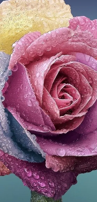 Colorful dewy rose with pastel petals on phone wallpaper.