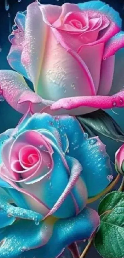 Vibrant pink and blue dewy roses with water droplets.