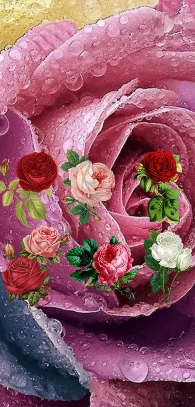 Vibrant wallpaper featuring dewy roses in a colorful artistic design.