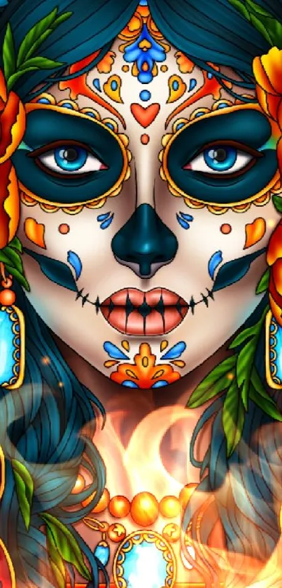 Colorful Dia de los Muertos mobile wallpaper featuring floral patterns.