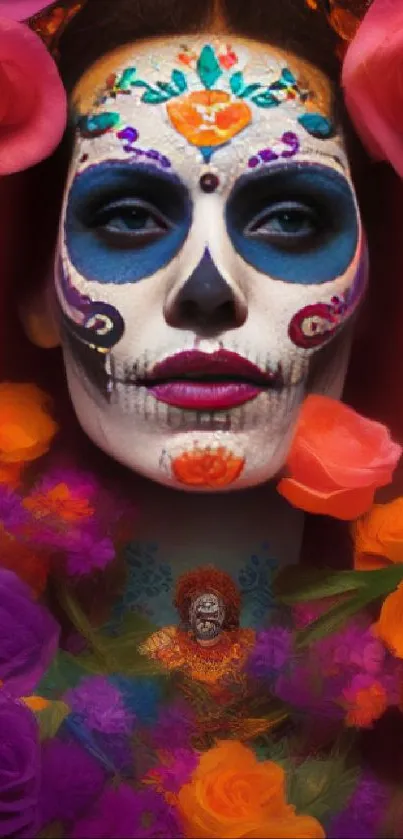 Colorful Dia de los Muertos themed wallpaper with vibrant skull art.