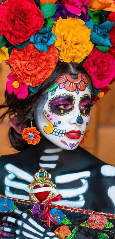 Colorful Dia de los Muertos face paint with vibrant flower crown.