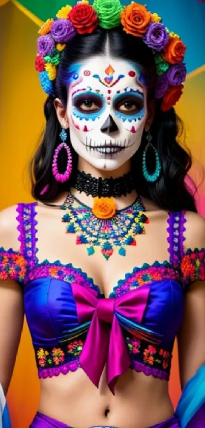 Colorful Día de los Muertos woman with vibrant face paint.