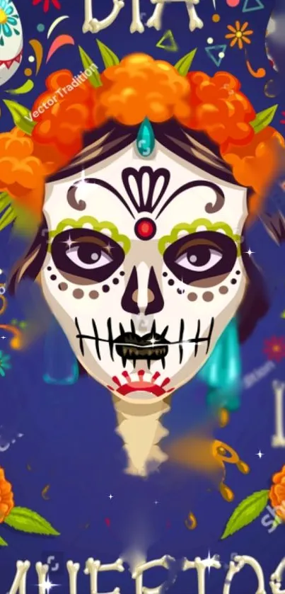 Dia de los Muertos vibrant skull art wallpaper.