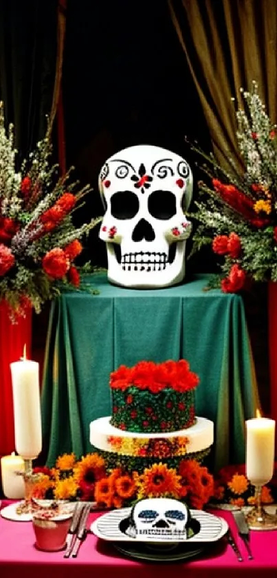 Vibrant Dia de los Muertos setup with skull and flowers.