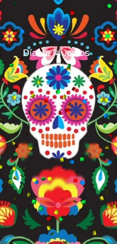 Colorful Dia de Muertos skull with vibrant floral patterns on a black background.