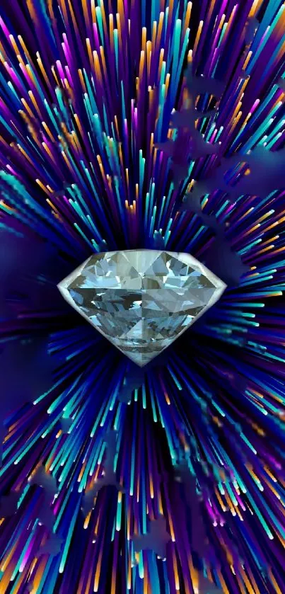 Colorful diamond with vibrant streaks bursting in purple background.