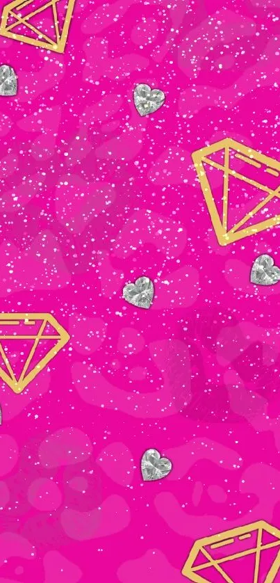 Hot pink wallpaper with golden diamonds and silver hearts.