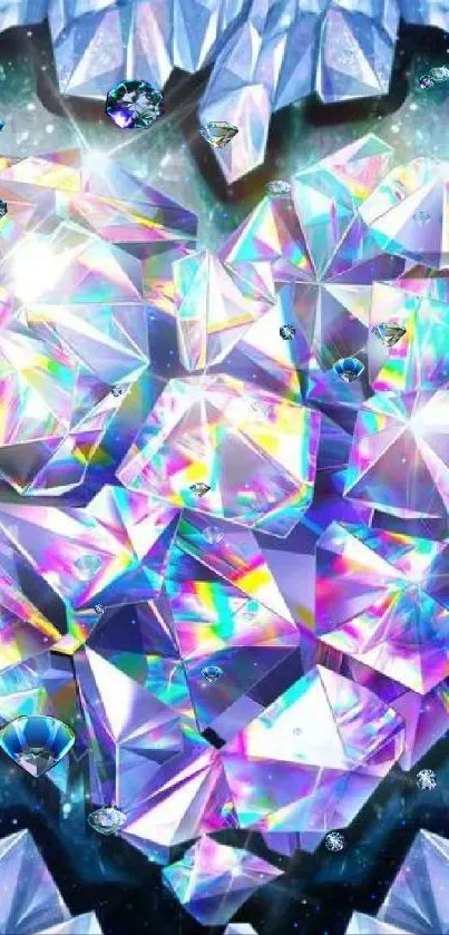 Colorful diamond heart surrounded by crystals on a mobile wallpaper.