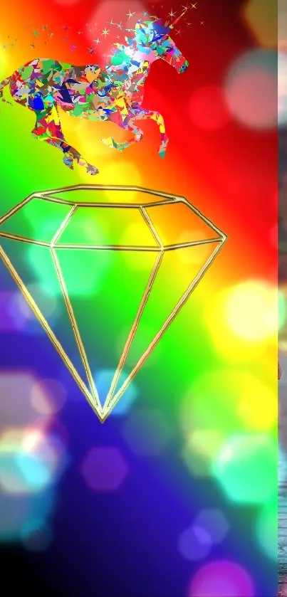 Colorful horse and diamond on rainbow gradient background wallpaper.