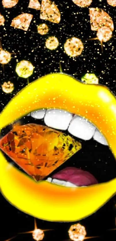 Vibrant yellow lips with diamond gems.