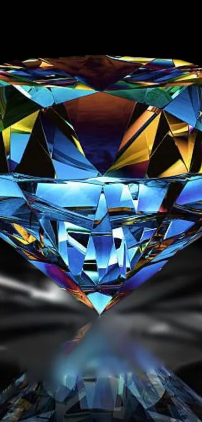 Vibrant diamond with colorful facets on black background.