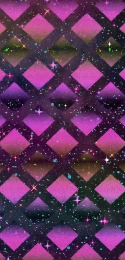 Colorful geometric wallpaper with pink diamonds and galaxy theme.