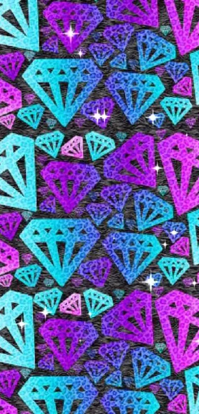 Vibrant turquoise and purple diamond pattern wallpaper.