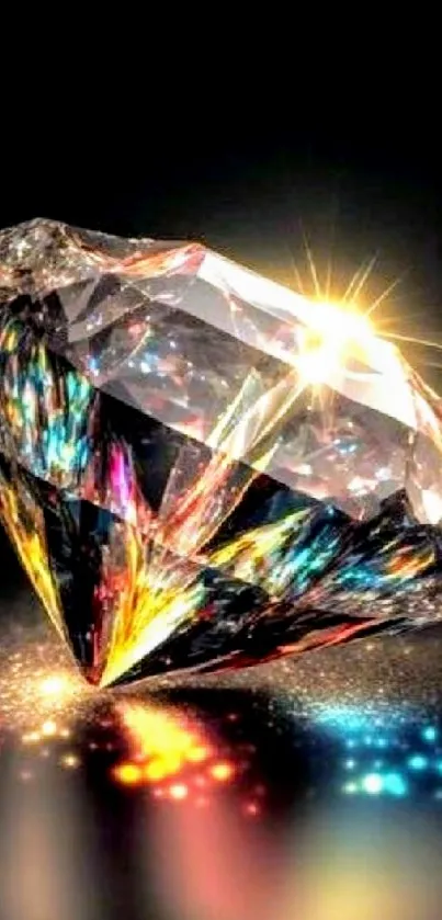 Vibrant diamond with colorful reflections on a black background.