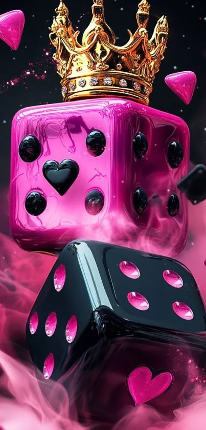 Colorful pink dice with a gold crown.