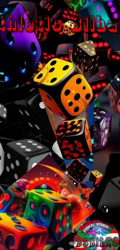 Vibrant colorful dice cascade over a dark background.