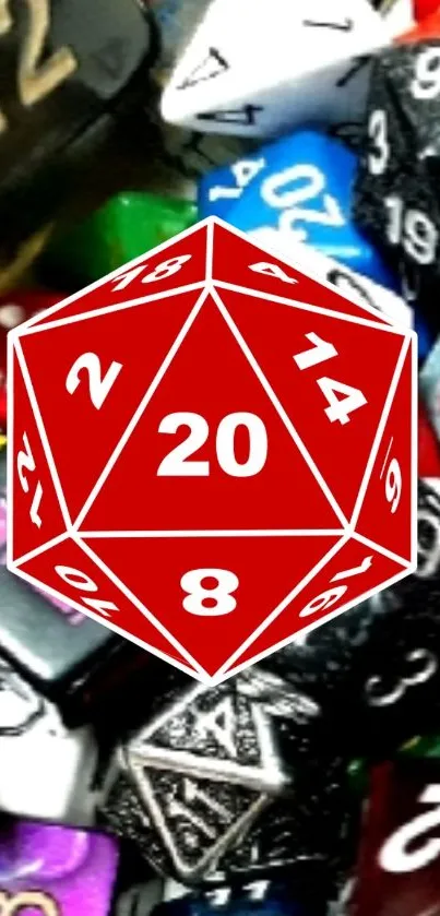 Colorful dice collection featuring a red d20.