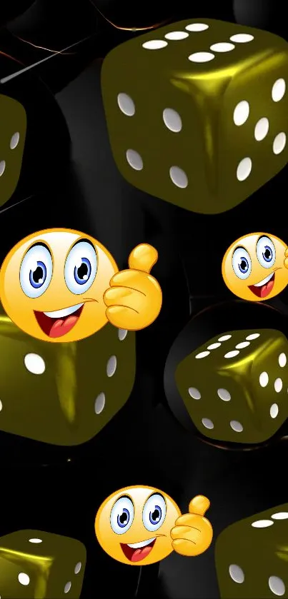 Vibrant wallpaper with emojis and green dice on black background.