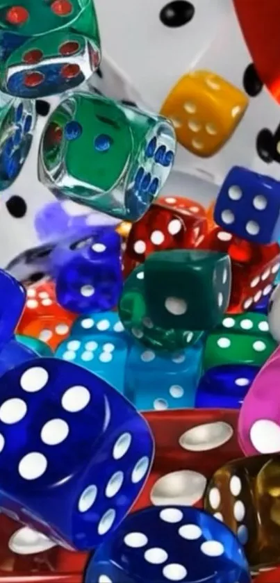 Colorful dice bouncing in mid-air, vibrant wallpaper.