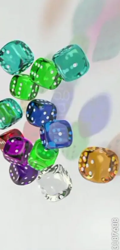 Colorful transparent dice falling in a dynamic mobile wallpaper.