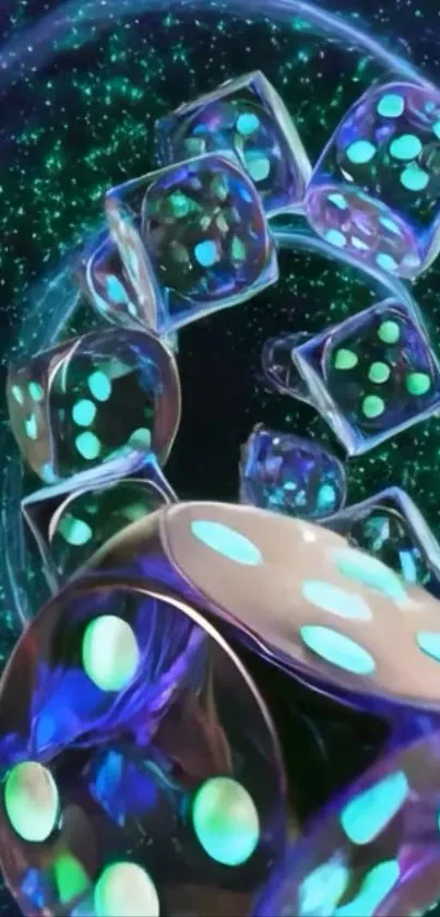 Colorful mobile wallpaper of floating dice in a vibrant galaxy setting.