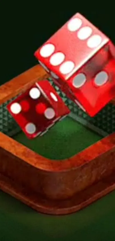 Red dice on wooden tray with dark green background for mobile wallpaper.