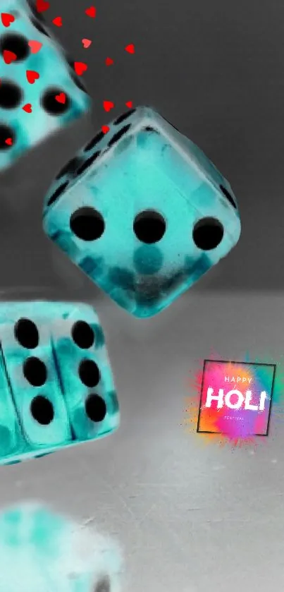 Vibrant turquoise dice with Holi text and colorful accents.