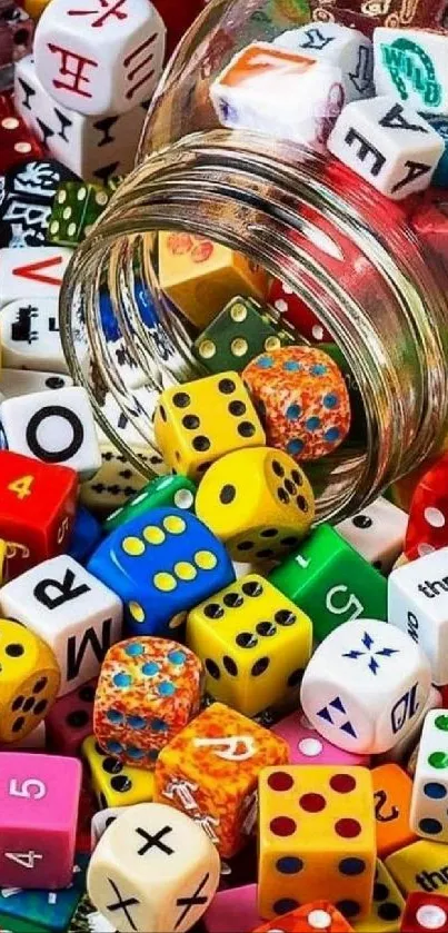 Colorful dice scattered from a jar, creating a vibrant mobile wallpaper.