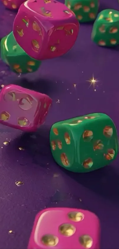 Vibrant floating dice on purple background.