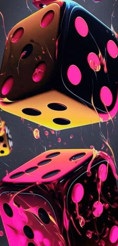 Vibrant neon dice with glowing pink dots.