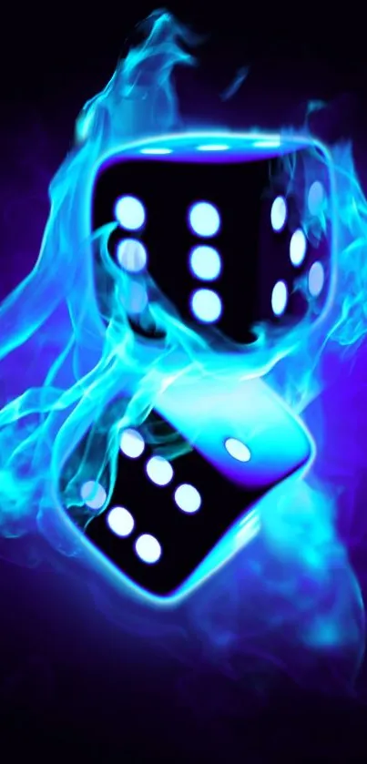 Neon blue dice with glowing flames creating a vibrant wallpaper.