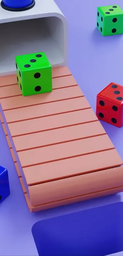 Vibrant dice on a whimsical purple abstract background.