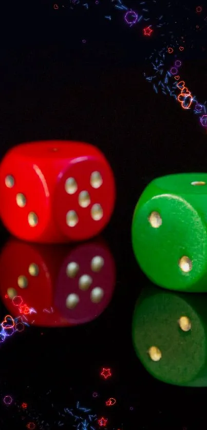 Colorful dice on a black reflective surface, showing vibrant contrast.