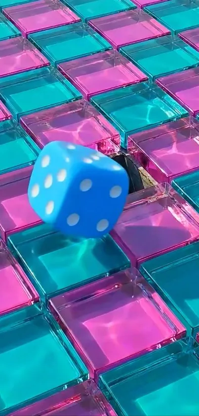 Blue dice on colorful glass tiles.