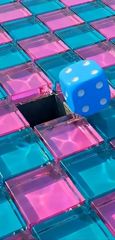 Blue dice on vibrant pink and blue grid wallpaper.