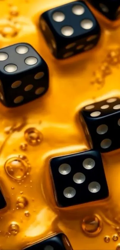 Black dice on a glossy golden liquid background.