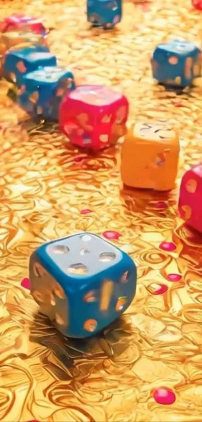 Vibrant colorful dice on a shimmering gold background.