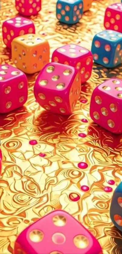 Colorful dice scattered on a golden background.