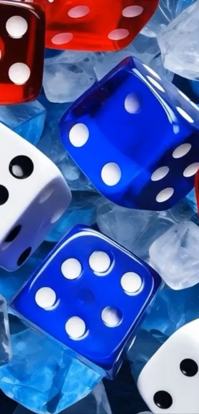 Colorful dice on an icy background, creating vibrant contrasts.