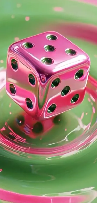 Metallic pink dice floating on a green liquid swirl.