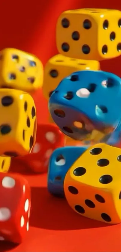 Colorful dice on red background wallpaper.